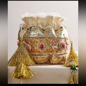 Free People Sparkle Mini Gift Sack. Embroidered Gold and Silver.